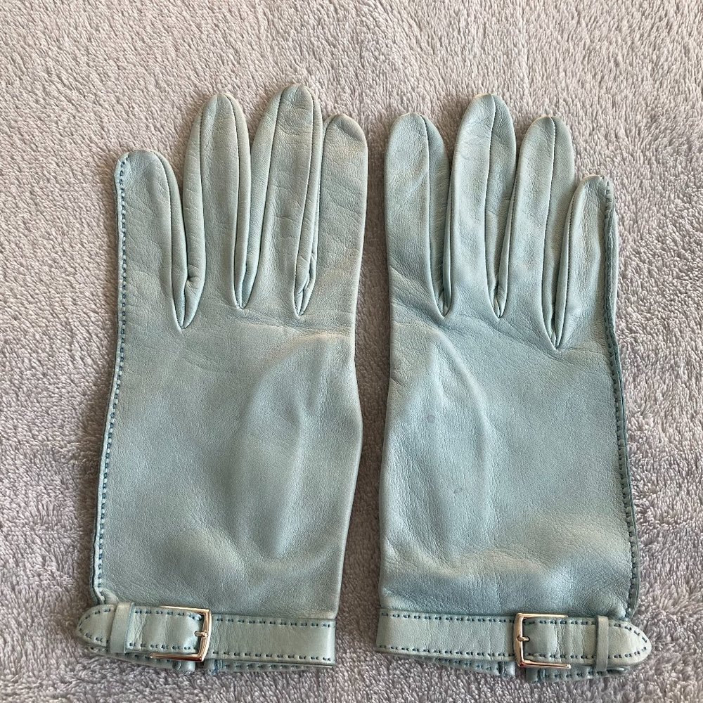HERMES Soft Blue w/Buckle Gloves Small
